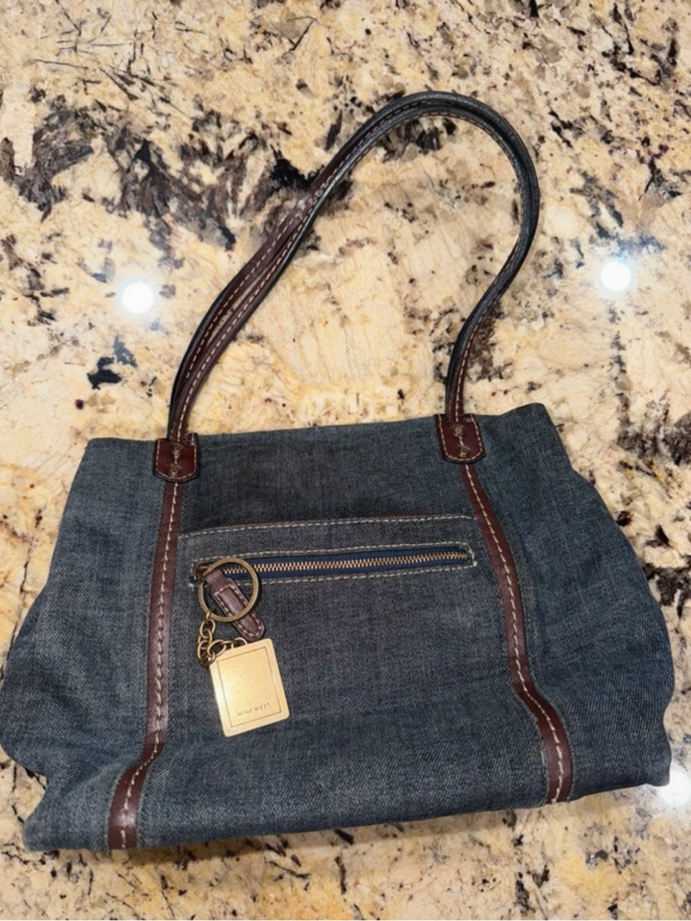 Nine West Dark Blue Denim Shoulder Bag with Brown Trim